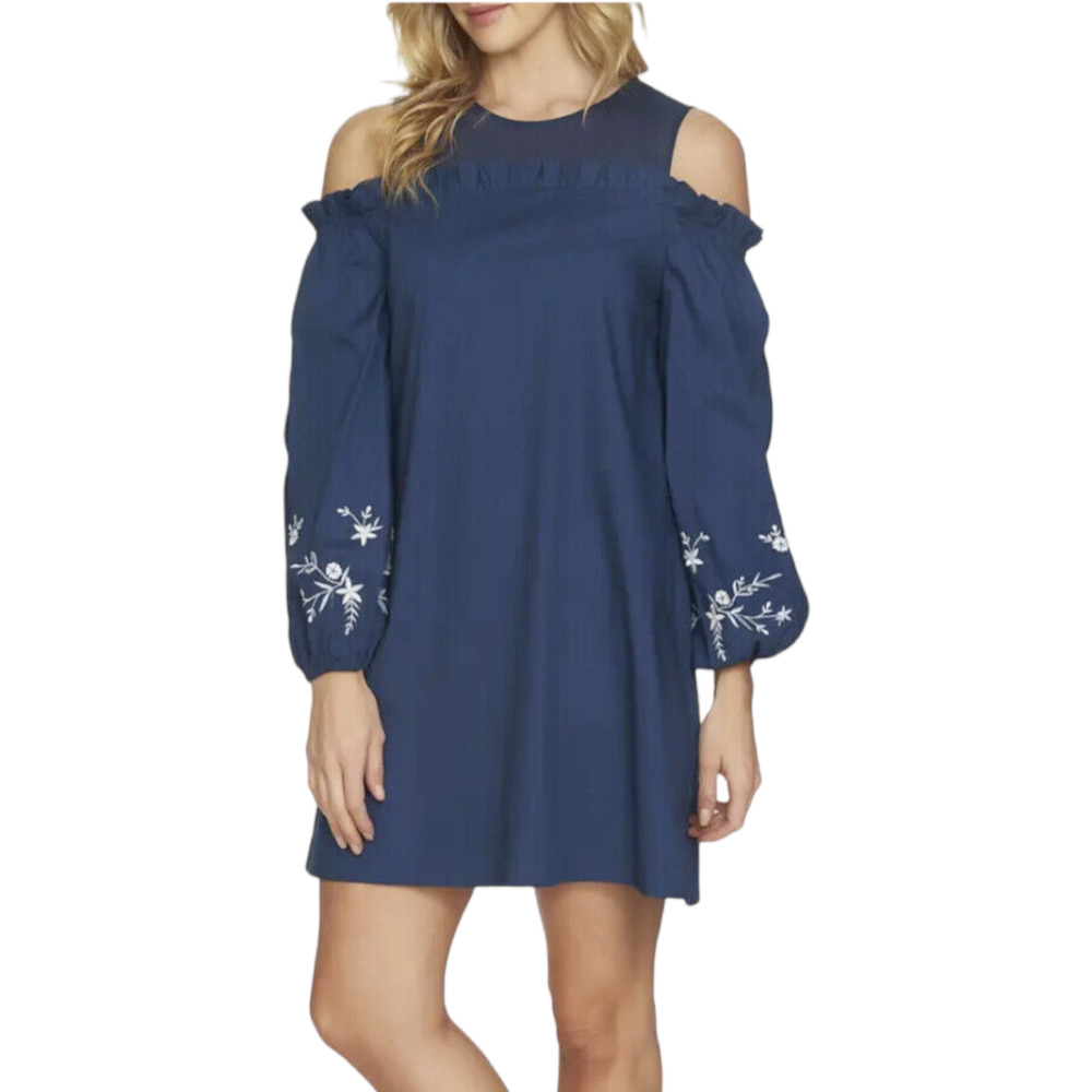 CeCe Jardin Cold Shoulder Floral Embroidery Mini Shift Dress, Navy Blue, Sz 6